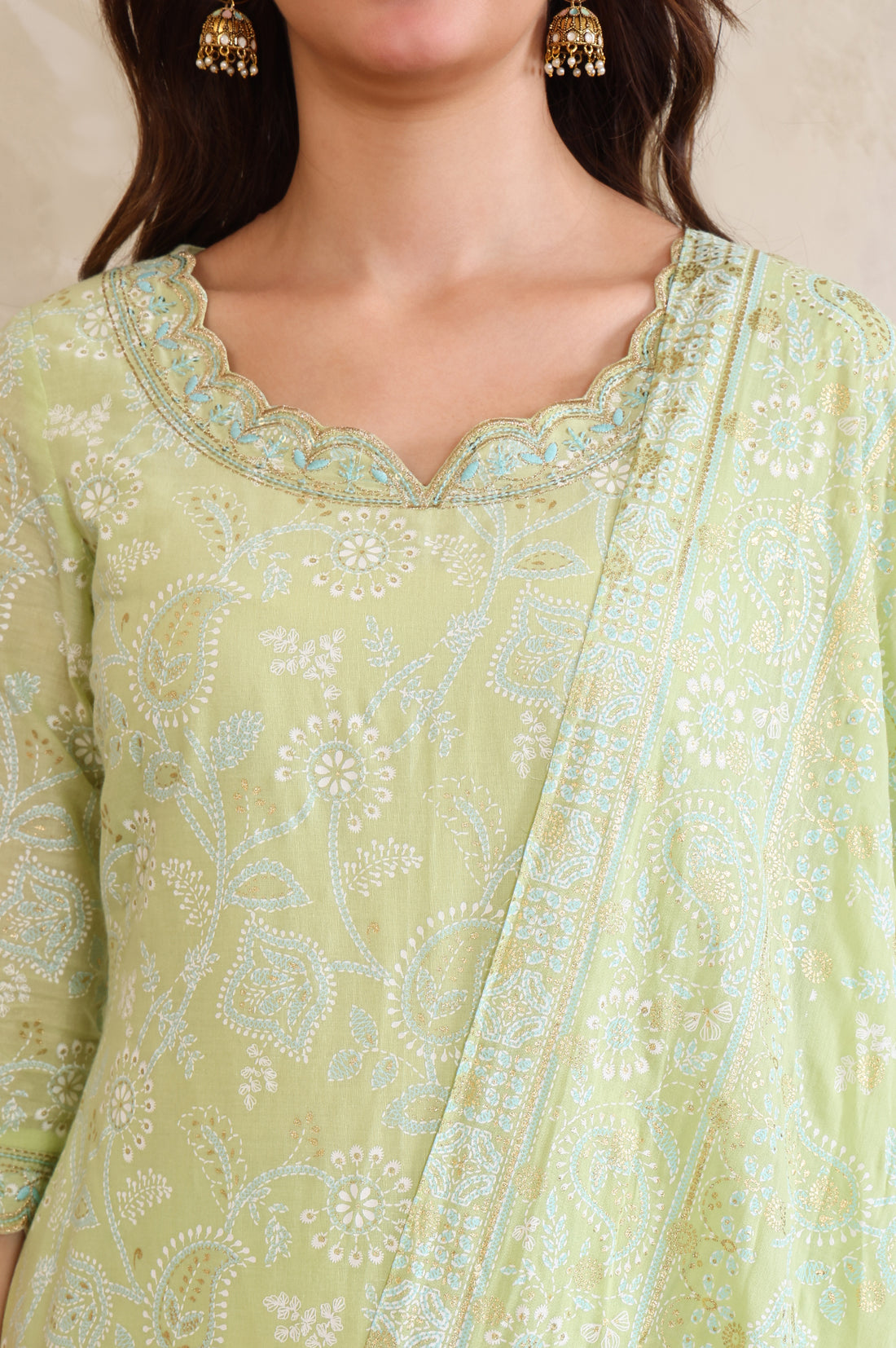 Green Foil Printed Zari Embroidered Straight Pure Cotton Kurta and Sharara Set