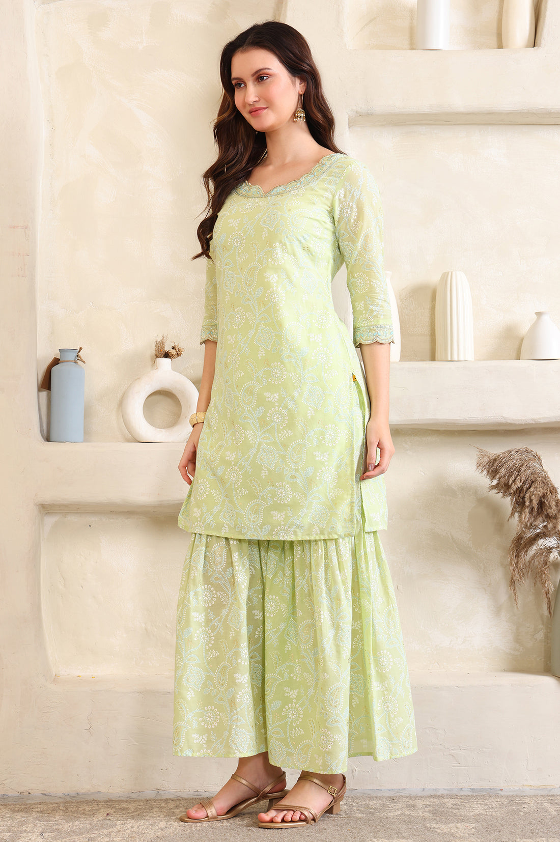 Green Foil Printed Zari Embroidered Straight Pure Cotton Kurta and Sharara Set