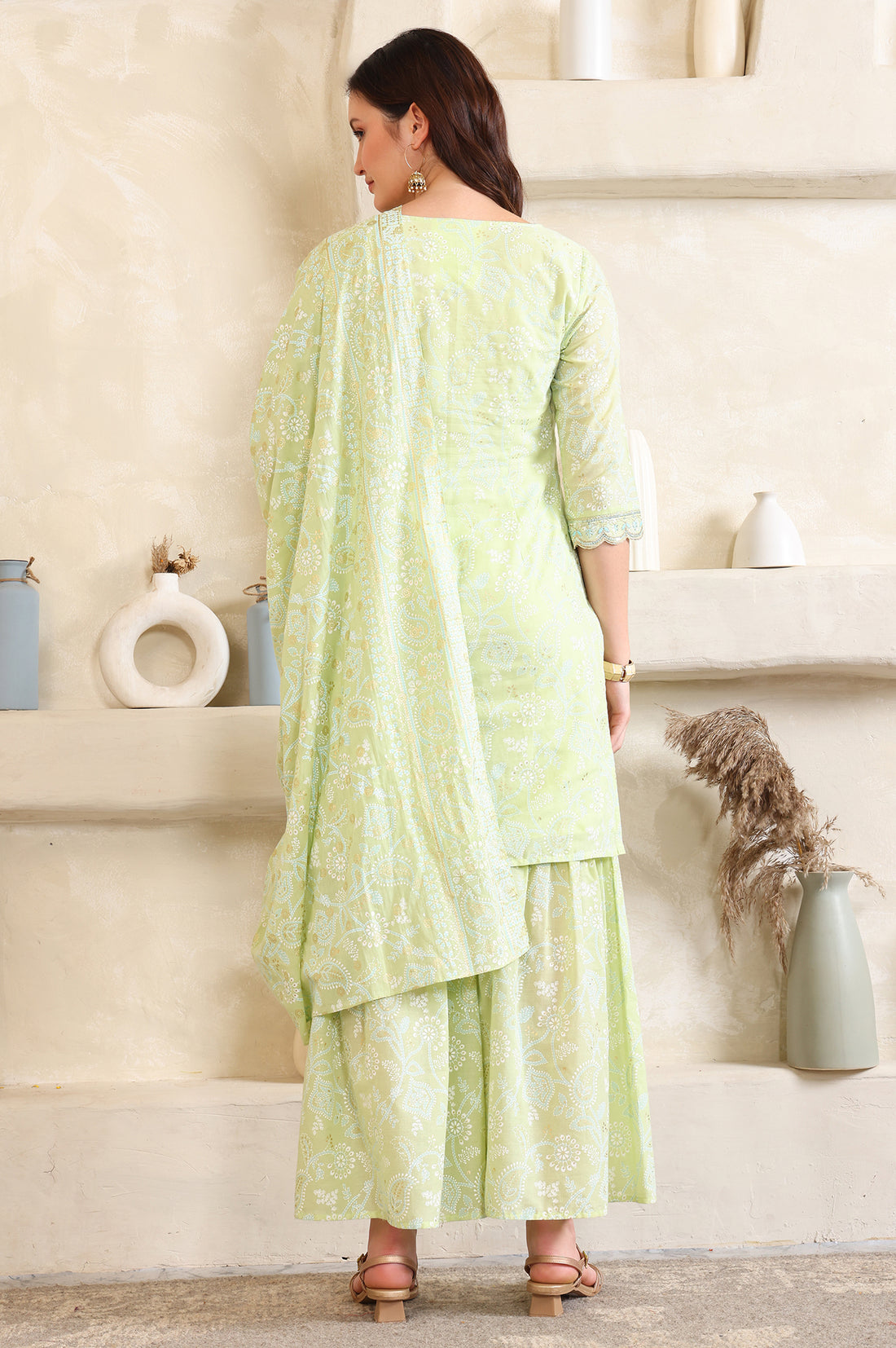 Green Foil Printed Zari Embroidered Straight Pure Cotton Kurta and Sharara Set