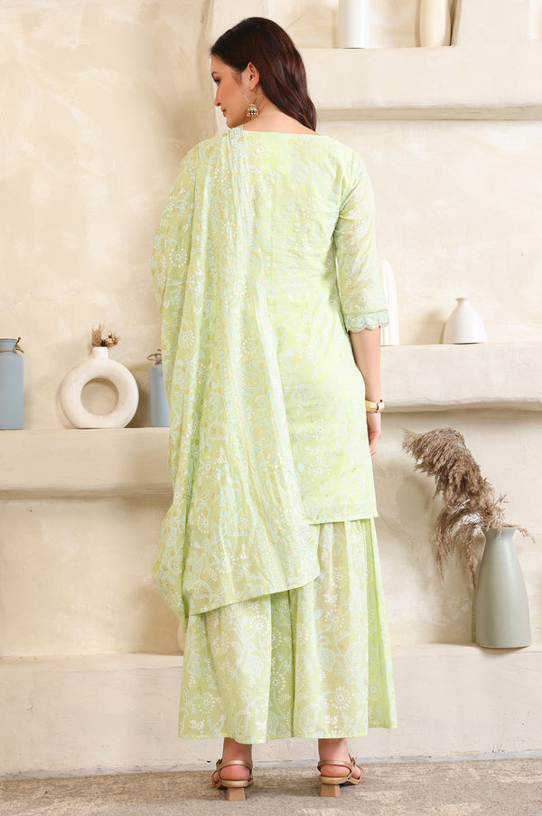 Green Foil Printed Zari Embroidered Straight Pure Cotton Kurta and Sharara Set