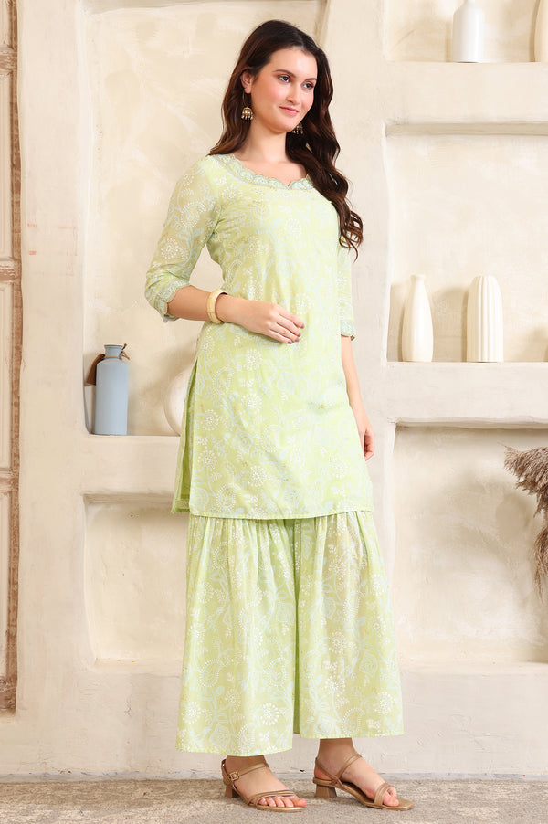 Green Foil Printed Zari Embroidered Straight Pure Cotton Kurta and Sharara Set
