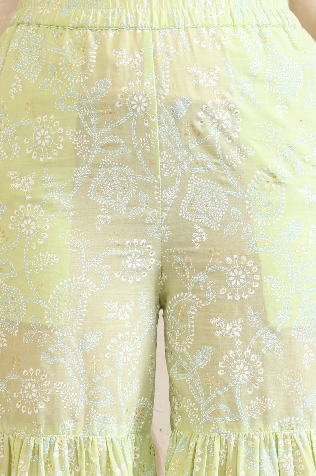 Green Foil Printed Zari Embroidered Straight Pure Cotton Kurta and Sharara Set