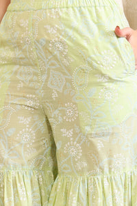Green Foil Printed Zari Embroidered Straight Pure Cotton Kurta and Sharara Set