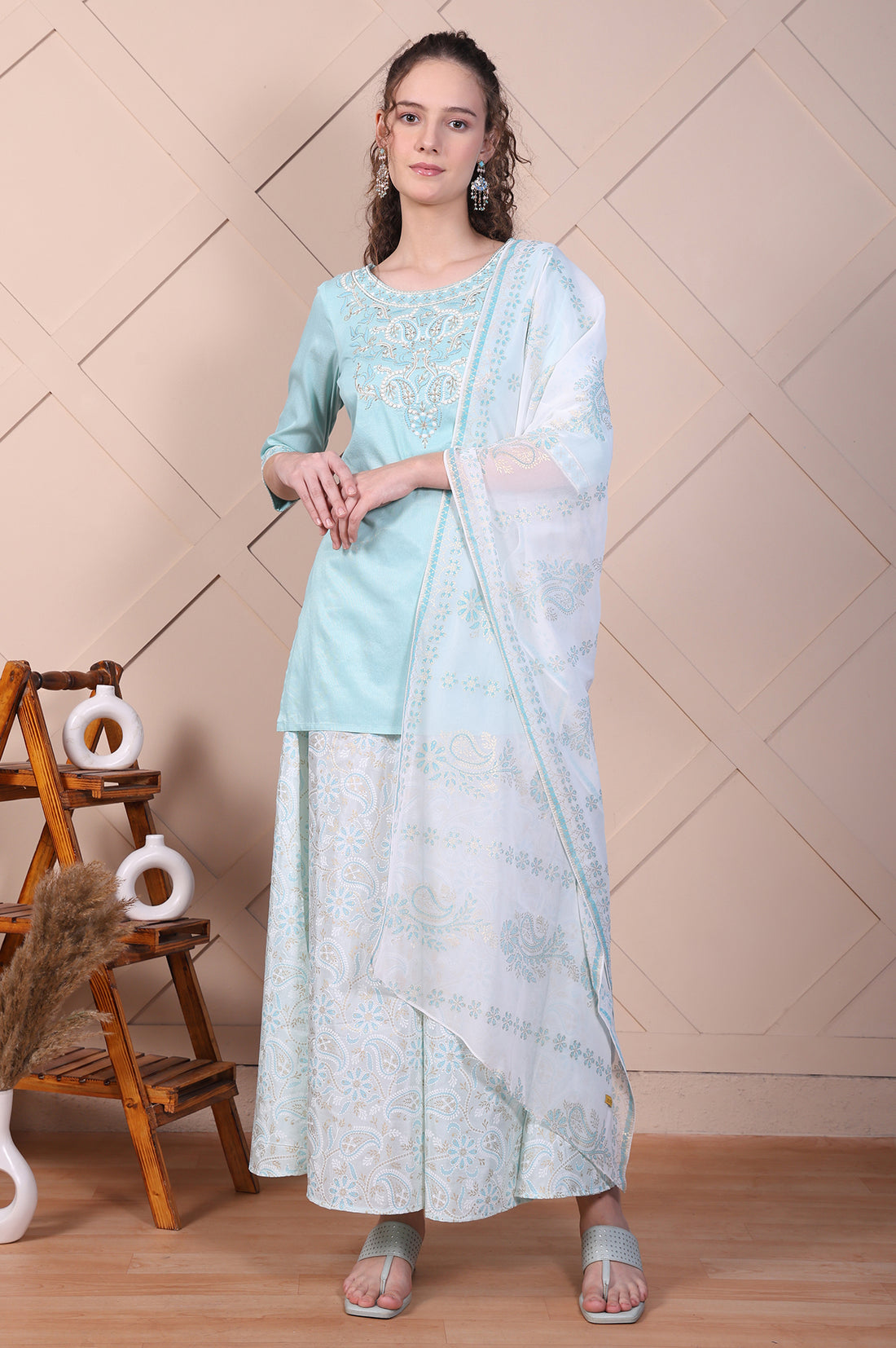 Blue Embroidered Festive Short Kurta, Printed Palazzo and Dupatta Set