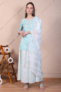 Blue Embroidered Festive Short Kurta, Printed Palazzo and Dupatta Set