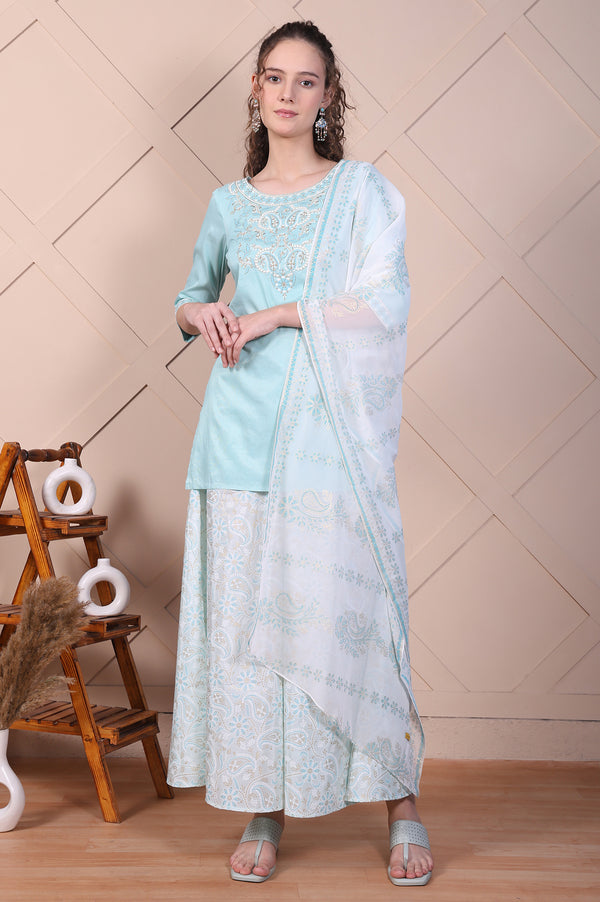 Blue Embroidered Festive Short Kurta, Printed Palazzo and Dupatta Set