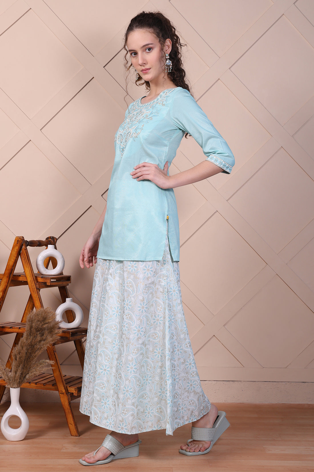 Blue Embroidered Festive Short Kurta, Printed Palazzo and Dupatta Set