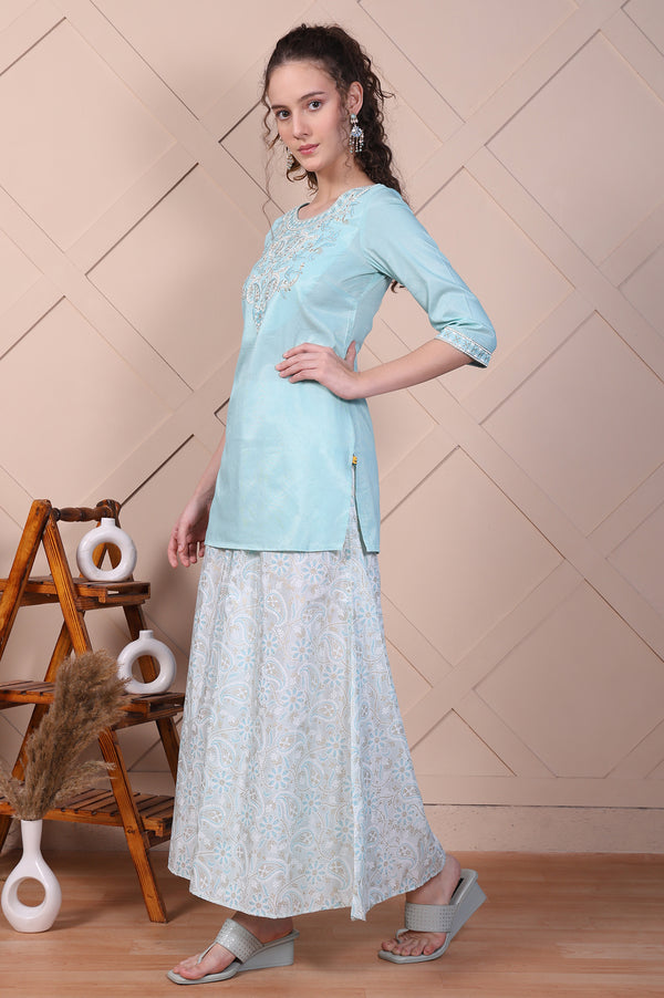 Blue Embroidered Festive Short Kurta, Printed Palazzo and Dupatta Set