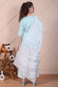 Blue Embroidered Festive Short Kurta, Printed Palazzo and Dupatta Set