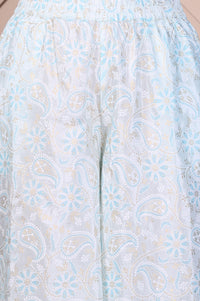 Blue Embroidered Festive Short Kurta, Printed Palazzo and Dupatta Set