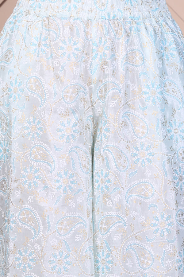 Blue Embroidered Festive Short Kurta, Printed Palazzo and Dupatta Set