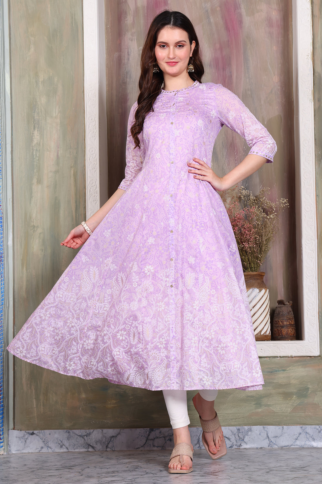 Lavender Foil Printed Zari Embroidered Anarkali Cotton Kurta and Legging Set