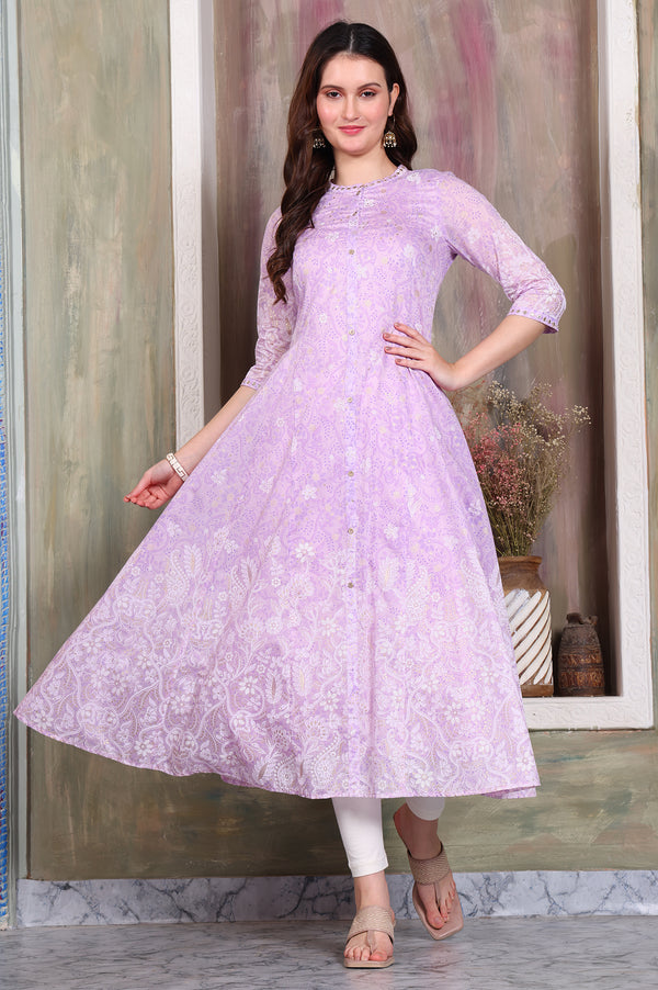 Lavender Foil Printed Zari Embroidered Anarkali Cotton Kurta and Legging Set