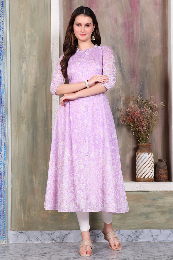 Lavender Foil Printed Zari Embroidered Anarkali Cotton Kurta and Legging Set