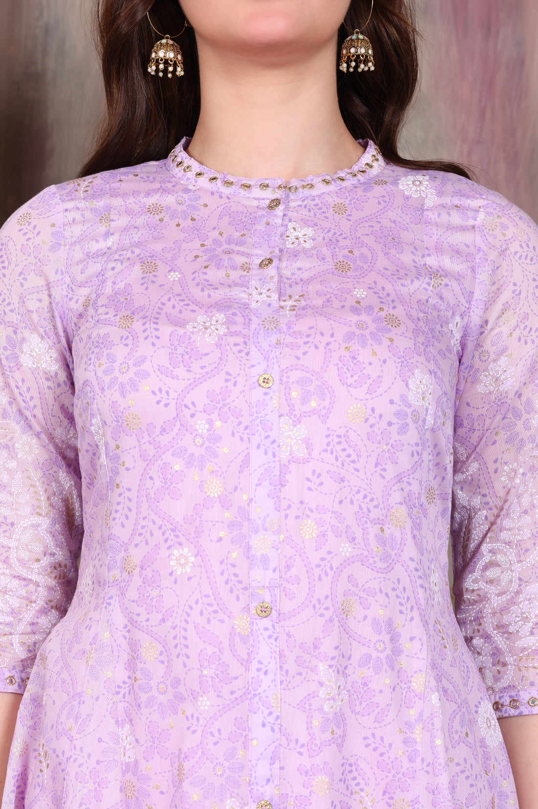 Lavender Foil Printed Zari Embroidered Anarkali Cotton Kurta and Legging Set