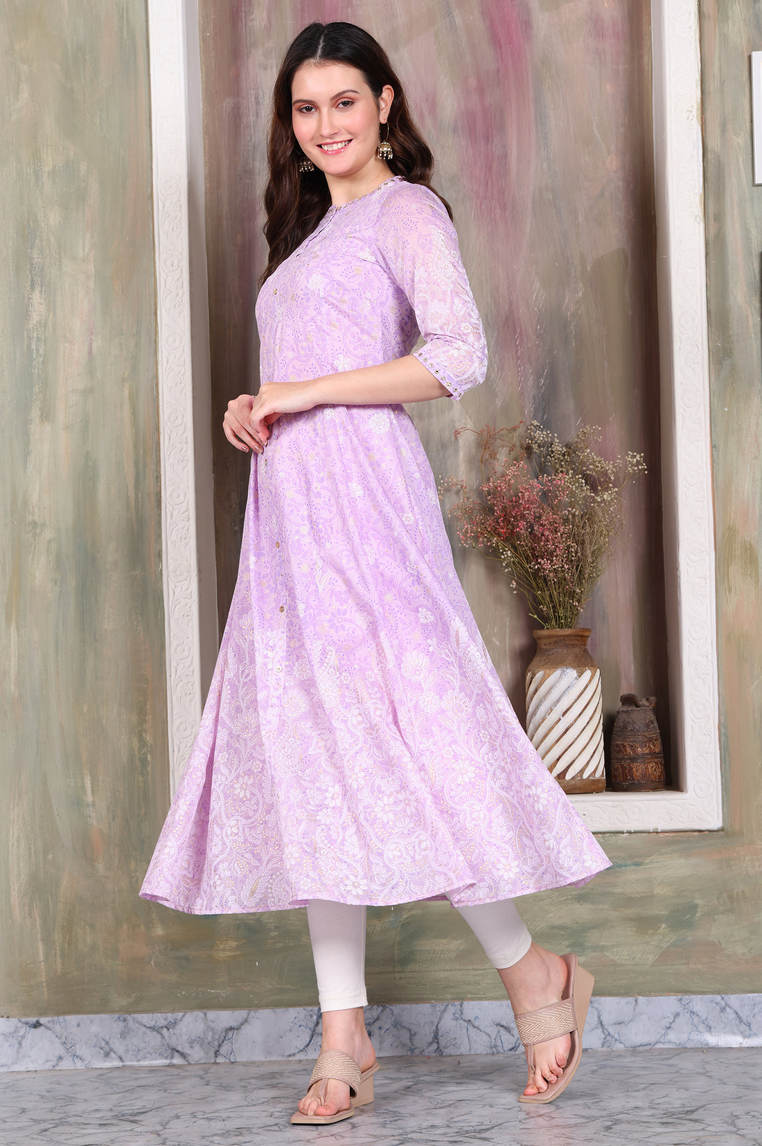 Lavender Foil Printed Zari Embroidered Anarkali Cotton Kurta and Legging Set