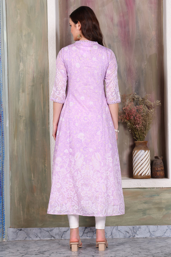 Lavender Foil Printed Zari Embroidered Anarkali Cotton Kurta and Legging Set
