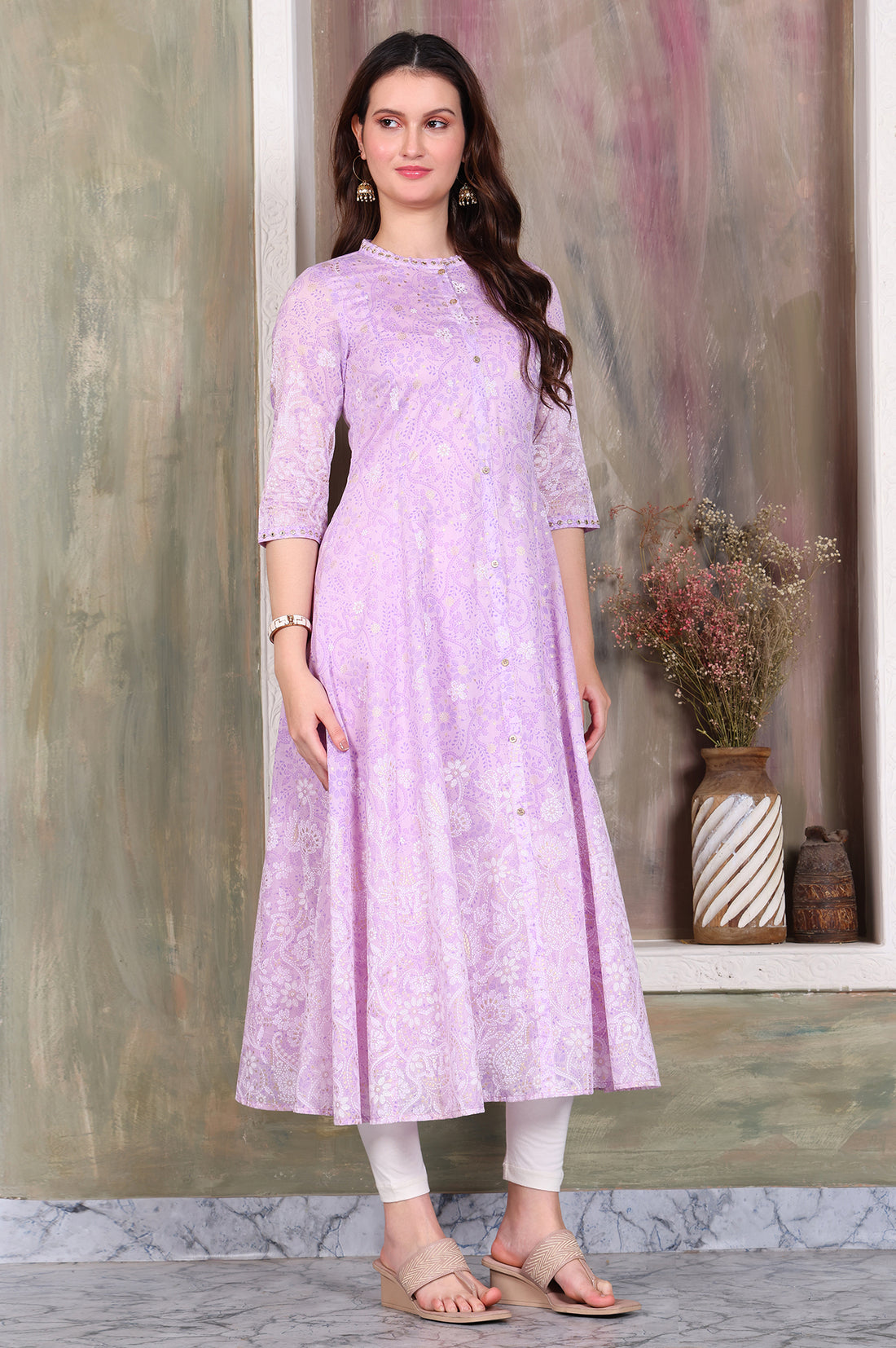 Lavender Foil Printed Zari Embroidered Anarkali Cotton Kurta and Legging Set