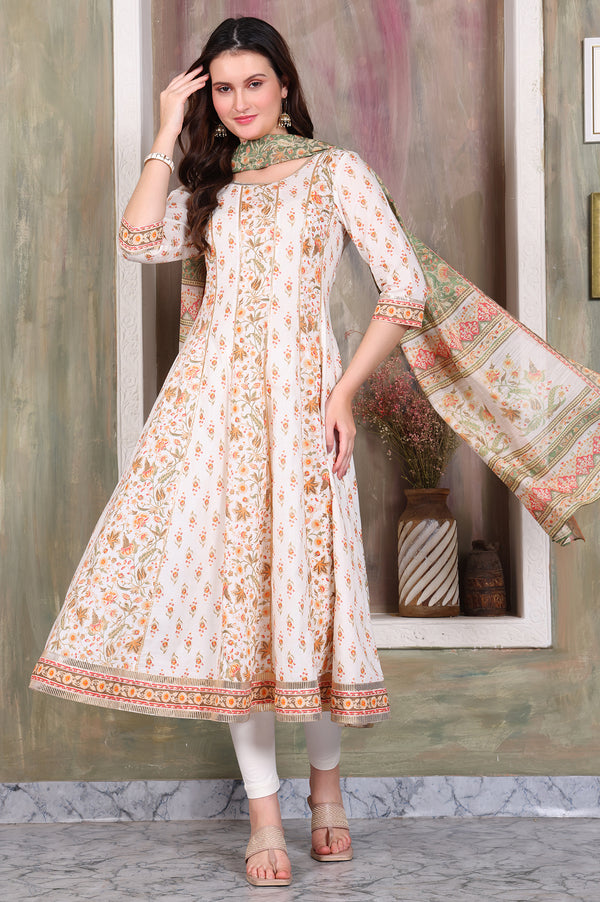 Off White Floral Printed Tape Embellished Anarkali Cotton Kurta, Leggings and Dupatta Set
