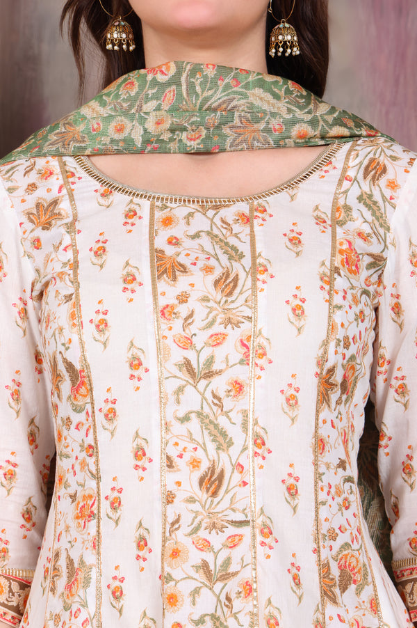 Off White Floral Printed Tape Embellished Anarkali Cotton Kurta, Leggings and Dupatta Set