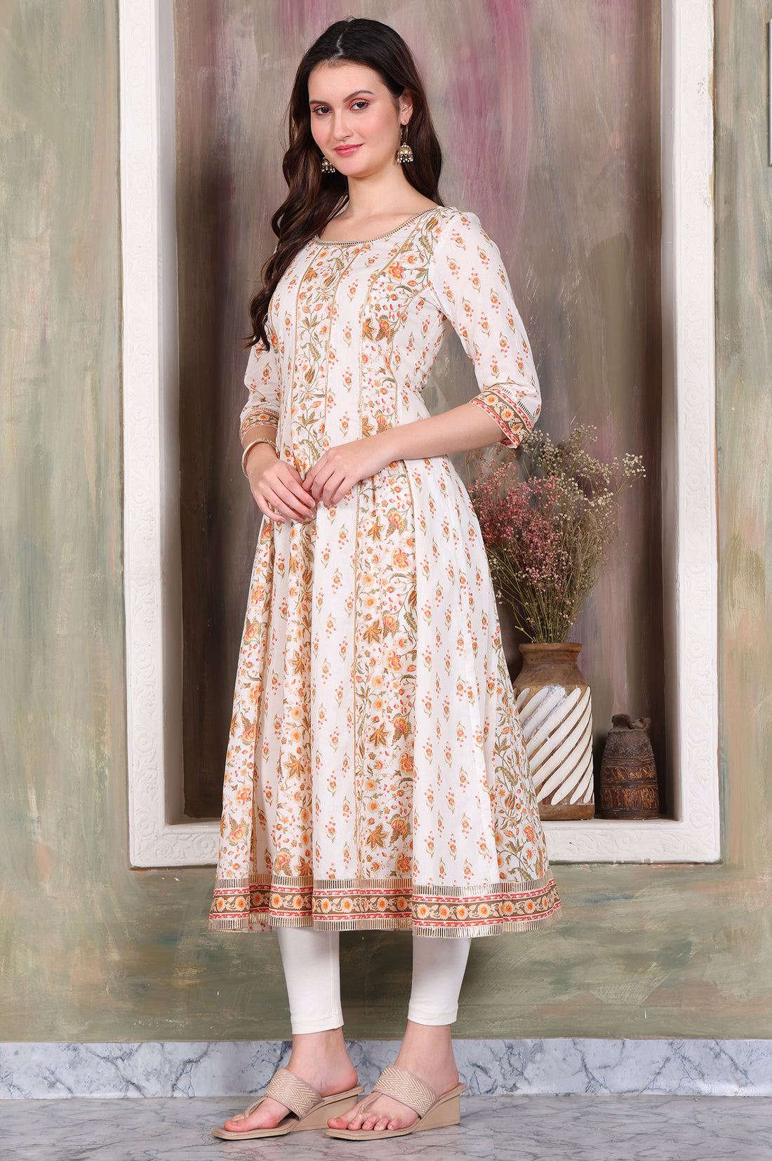 Off White Floral Printed Tape Embellished Anarkali Cotton Kurta, Leggings and Dupatta Set