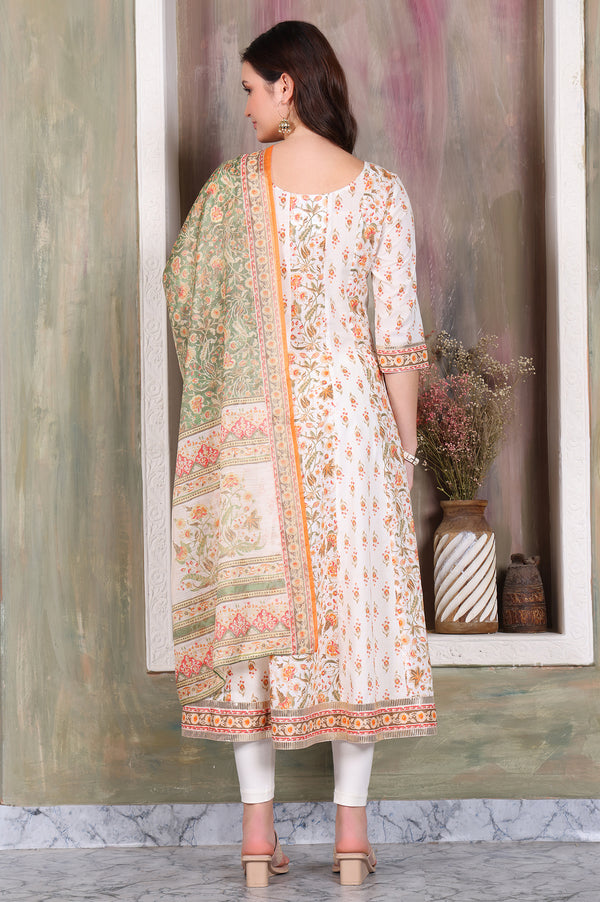 Off White Floral Printed Tape Embellished Anarkali Cotton Kurta, Leggings and Dupatta Set