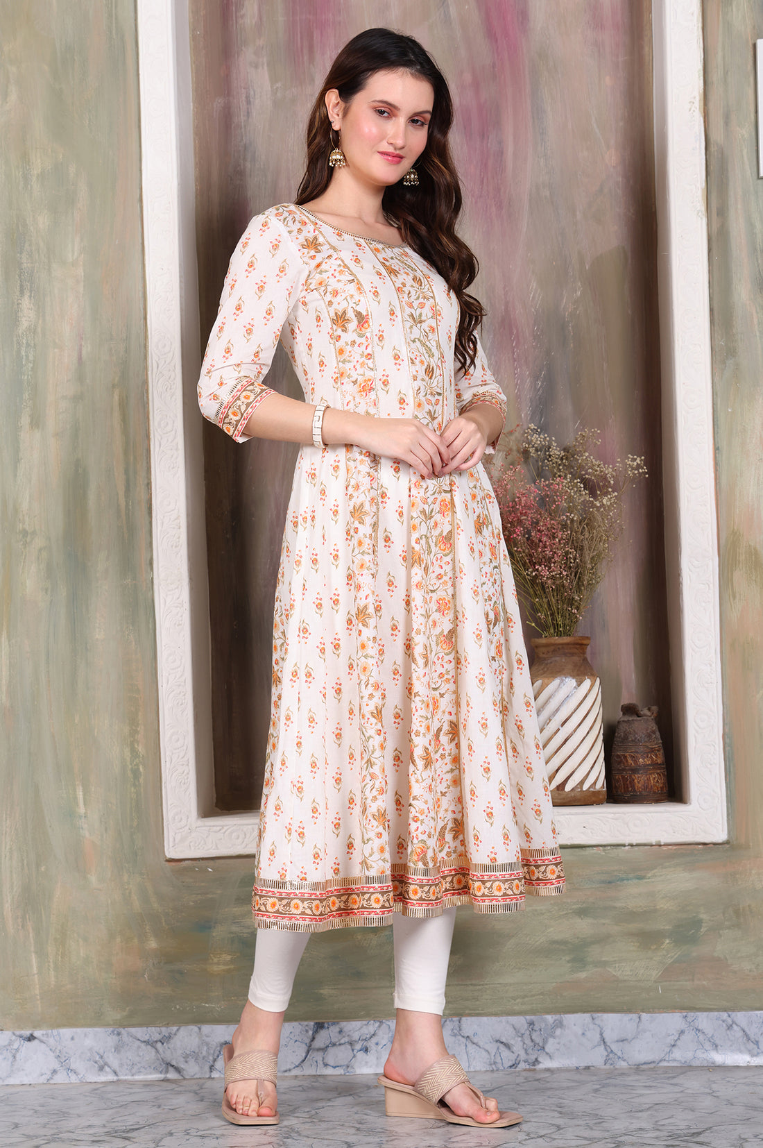 Off White Floral Printed Tape Embellished Anarkali Cotton Kurta, Leggings and Dupatta Set