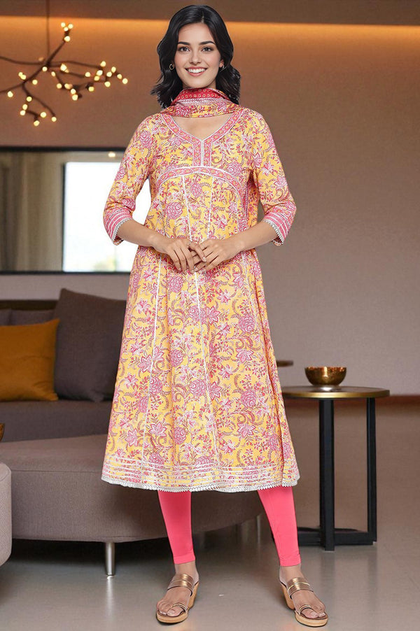 Yellow Floral Printed Lace Pure Cotton Kurta, Legging and Stole Set
