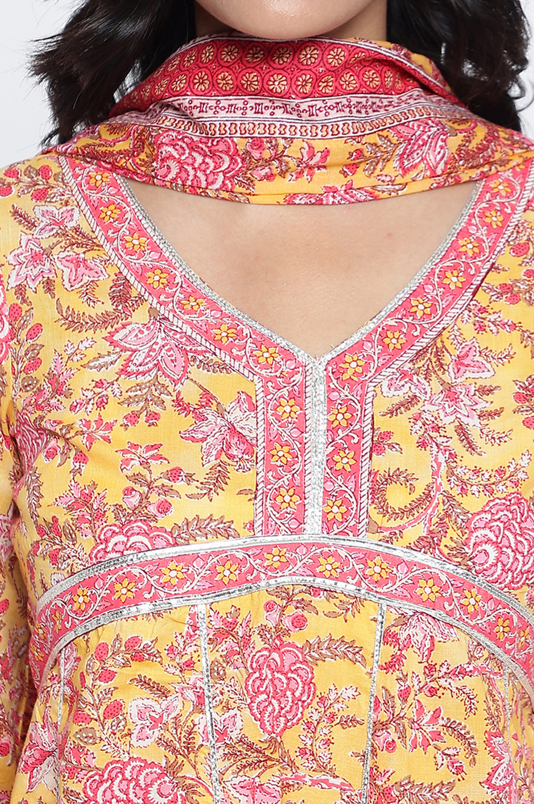 Yellow Floral Printed Lace Pure Cotton Kurta, Legging and Stole Set
