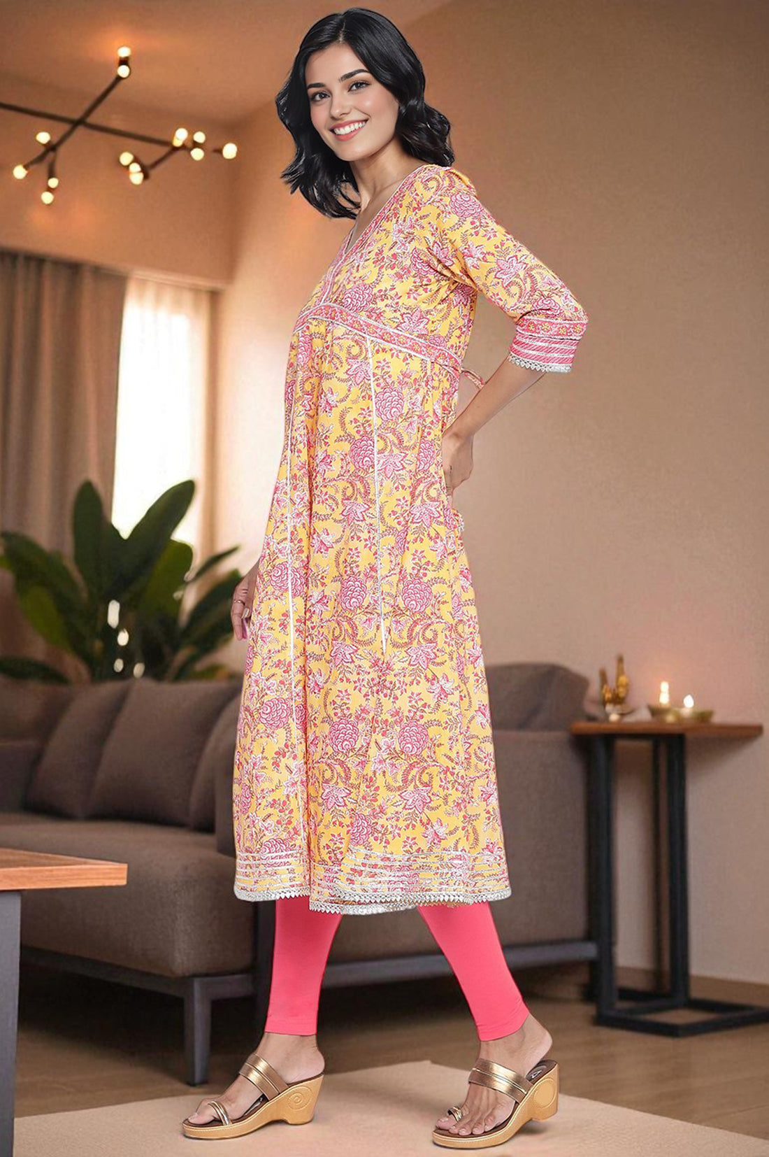 Yellow Floral Printed Lace Pure Cotton Kurta, Legging and Stole Set