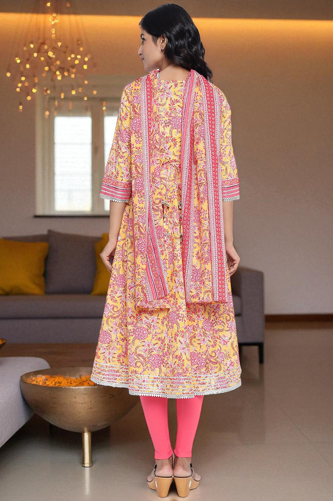 Yellow Floral Printed Lace Pure Cotton Kurta, Legging and Stole Set