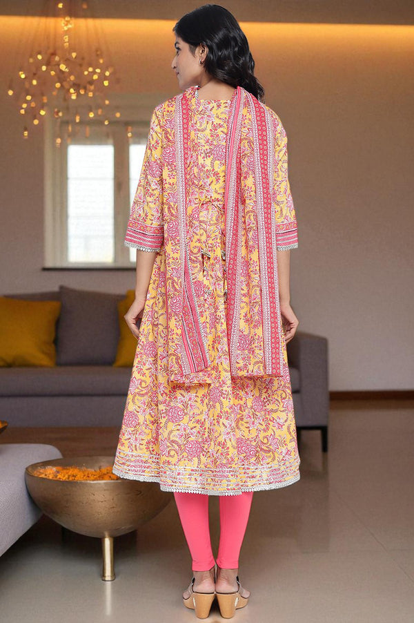 Yellow Floral Printed Lace Pure Cotton Kurta, Legging and Stole Set