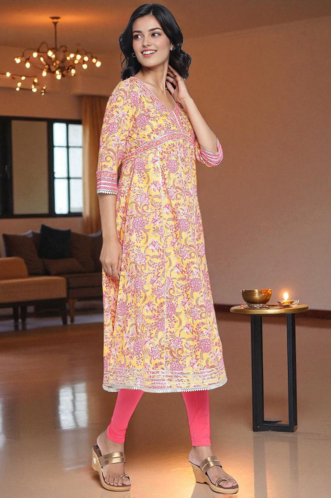 Yellow Floral Printed Lace Pure Cotton Kurta, Legging and Stole Set