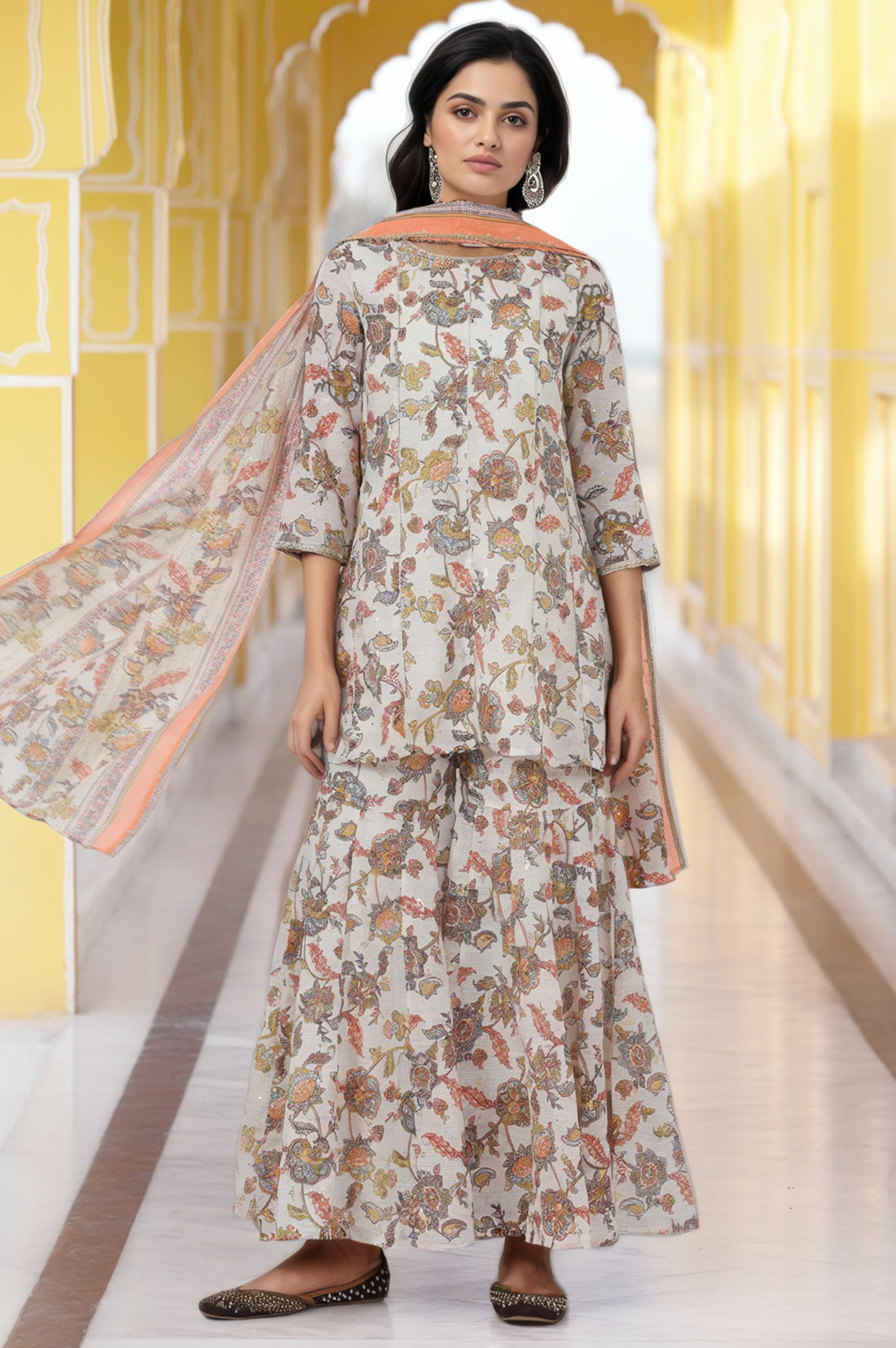 Cream Printed Printed Lace A-Line Kurta, Sharara And Dupatta Set