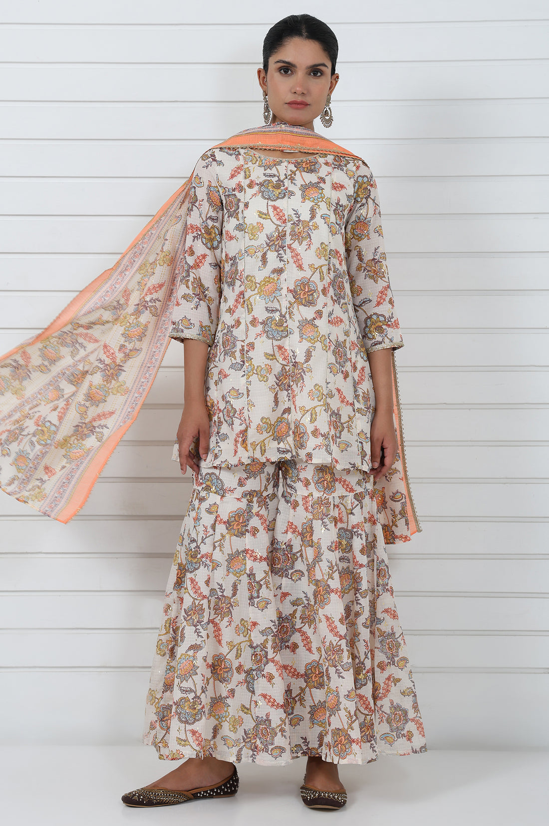 Cream Printed Printed Lace A-Line Kurta, Sharara And Dupatta Set