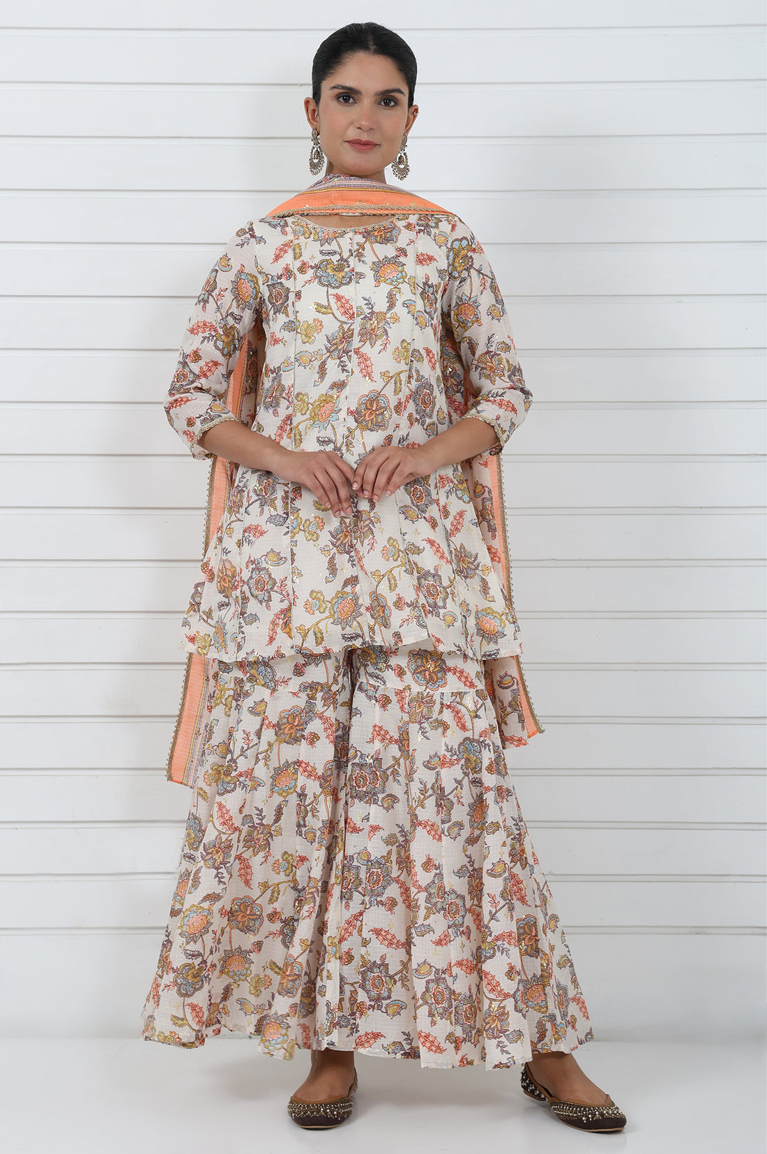 Cream Printed Printed Lace A-Line Kurta, Sharara And Dupatta Set