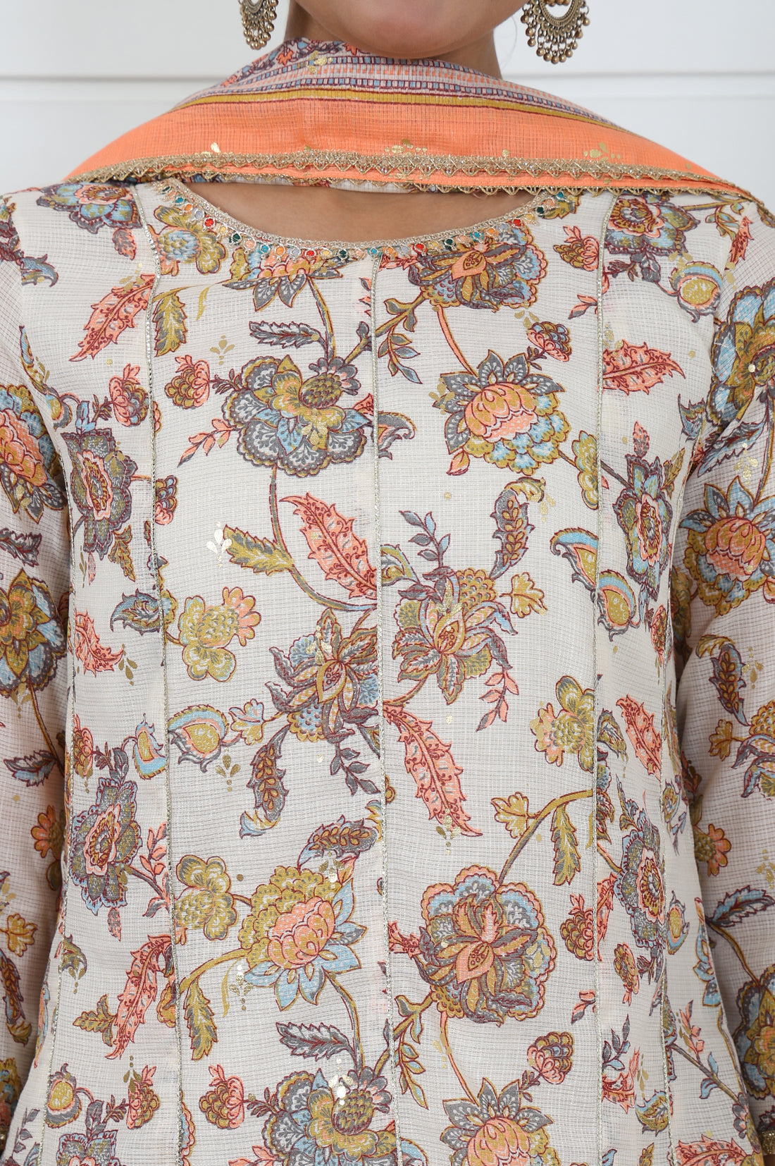 Cream Printed Printed Lace A-Line Kurta, Sharara And Dupatta Set