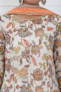Cream Printed Printed Lace A-Line Kurta, Sharara And Dupatta Set