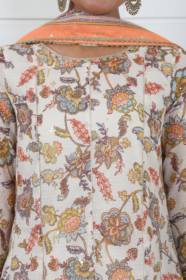 Cream Printed Printed Lace A-Line Kurta, Sharara And Dupatta Set