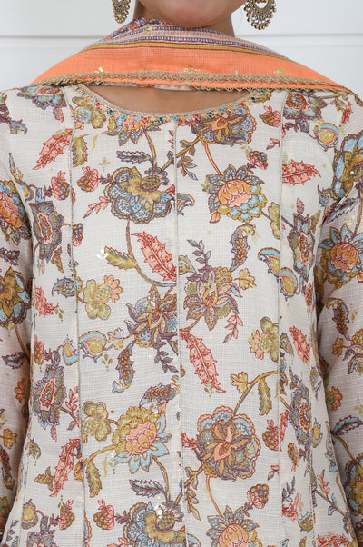 Cream Printed Printed Lace A-Line Kurta, Sharara And Dupatta Set