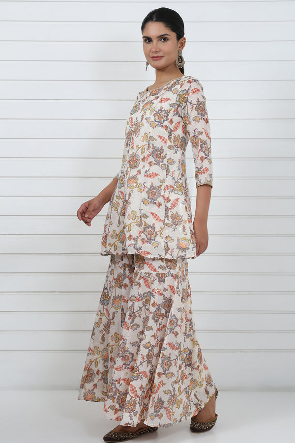 Cream Printed Printed Lace A-Line Kurta, Sharara And Dupatta Set
