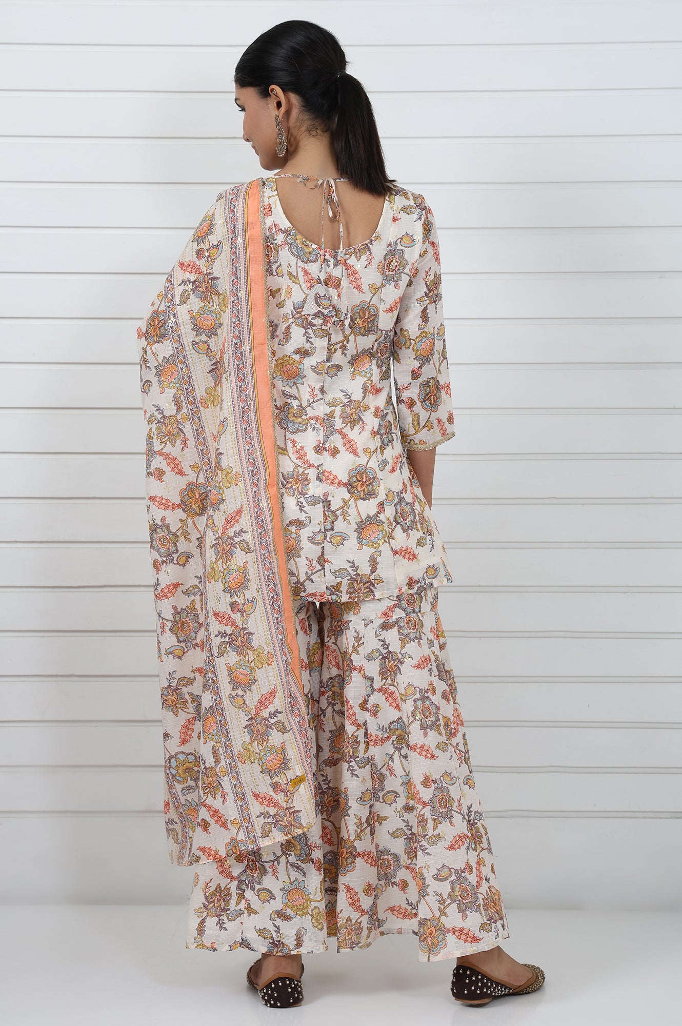 Cream Printed Printed Lace A-Line Kurta, Sharara And Dupatta Set