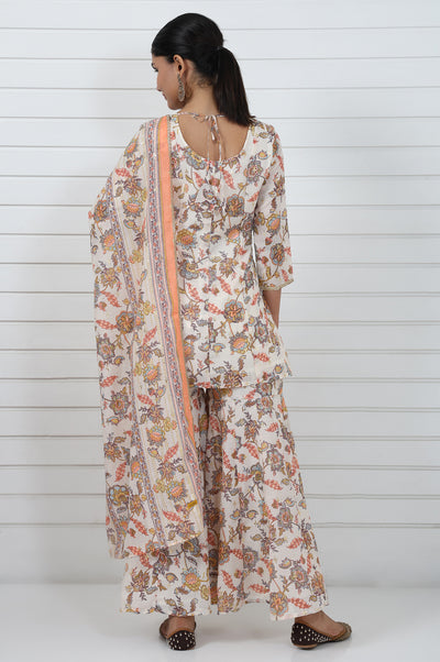 Cream Printed Printed Lace A-Line Kurta, Sharara And Dupatta Set