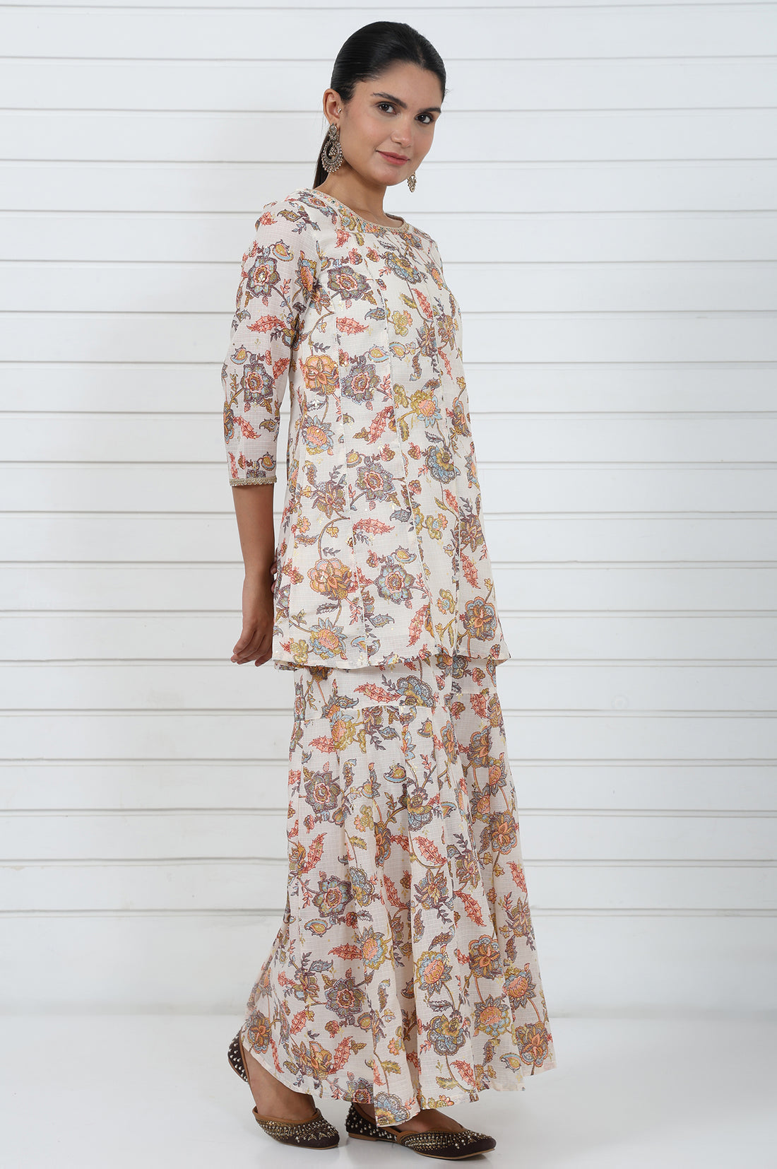 Cream Printed Printed Lace A-Line Kurta, Sharara And Dupatta Set