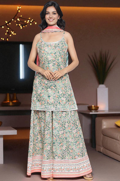 Pine Green Floral Printed Lace Pure Cotton Kurta, Skirt and Stole Set