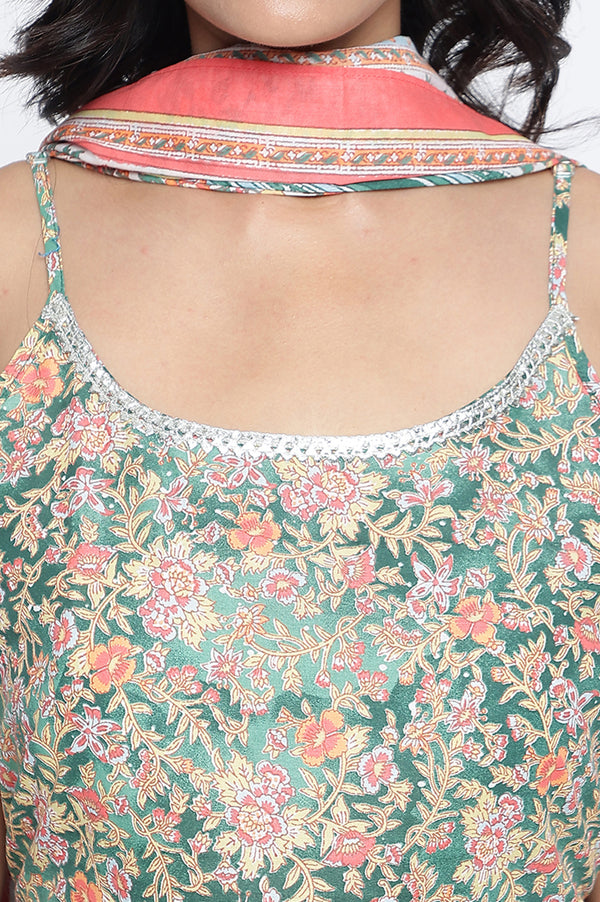 Pine Green Floral Printed Lace Pure Cotton Kurta, Skirt and Stole Set