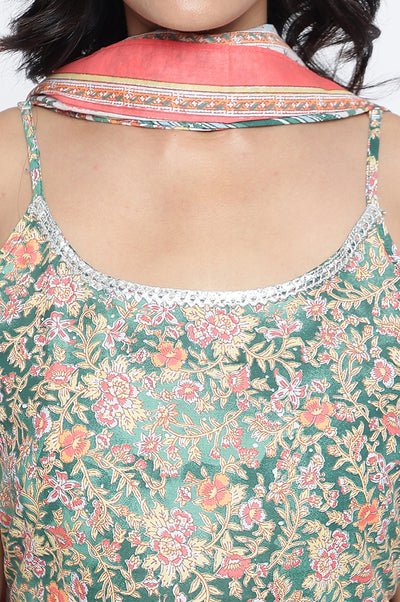 Pine Green Floral Printed Lace Pure Cotton Kurta, Skirt and Stole Set