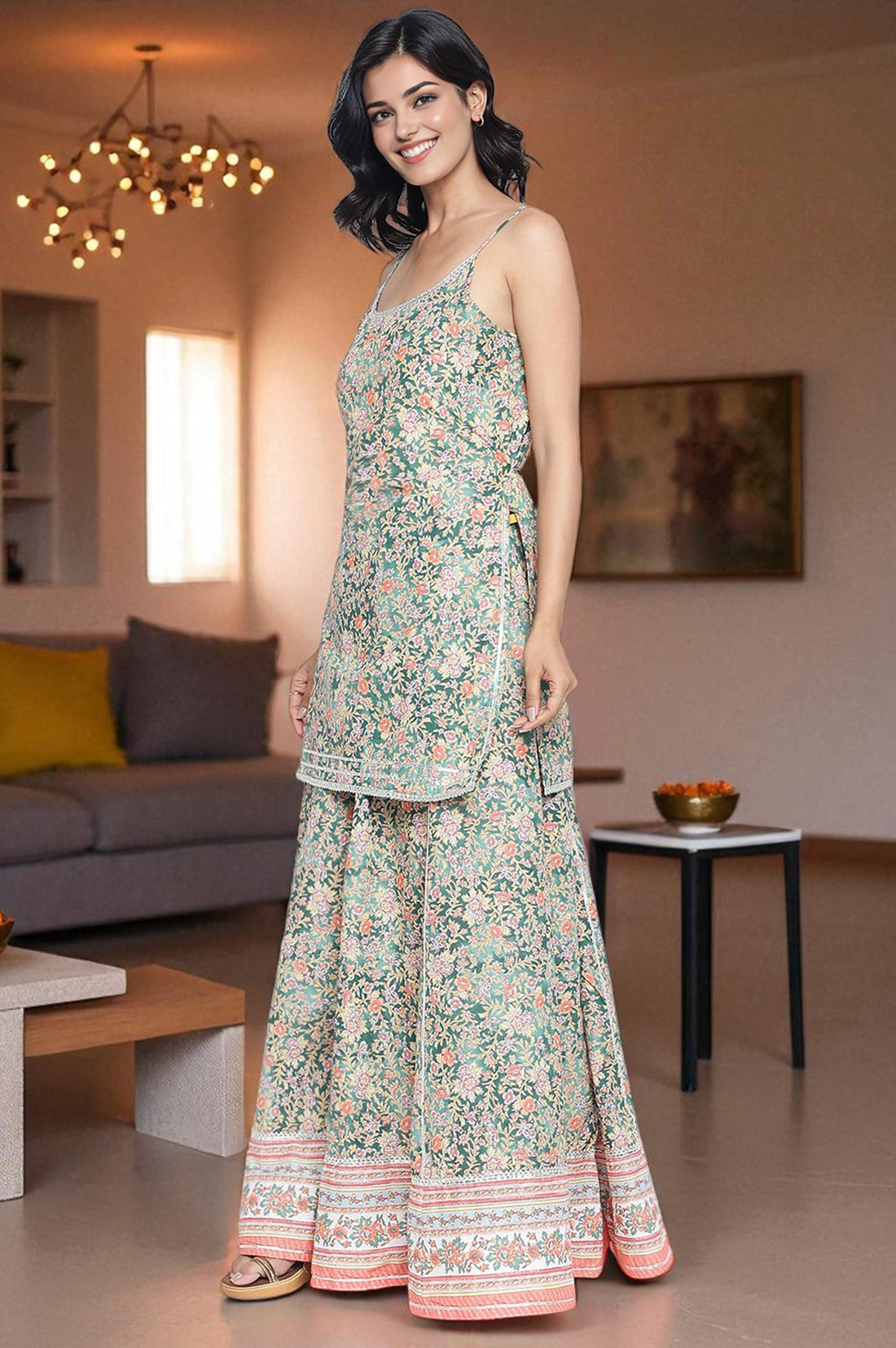 Pine Green Floral Printed Lace Pure Cotton Kurta, Skirt and Stole Set