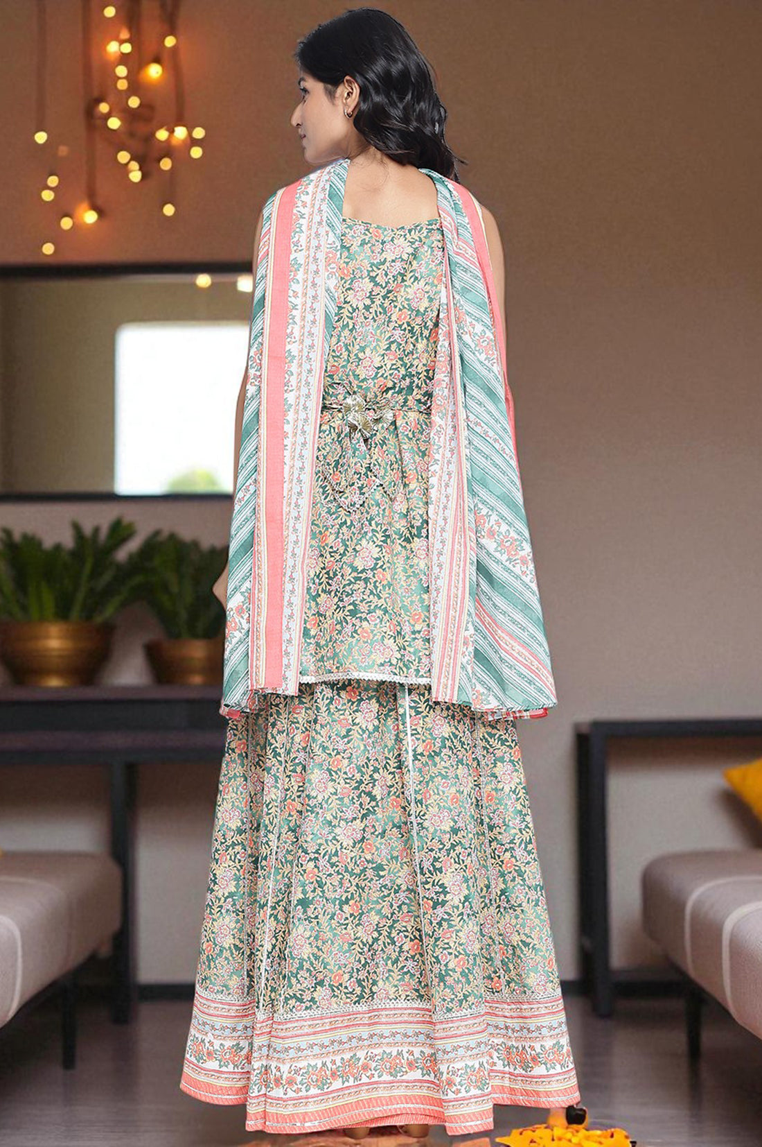 Pine Green Floral Printed Lace Pure Cotton Kurta, Skirt and Stole Set