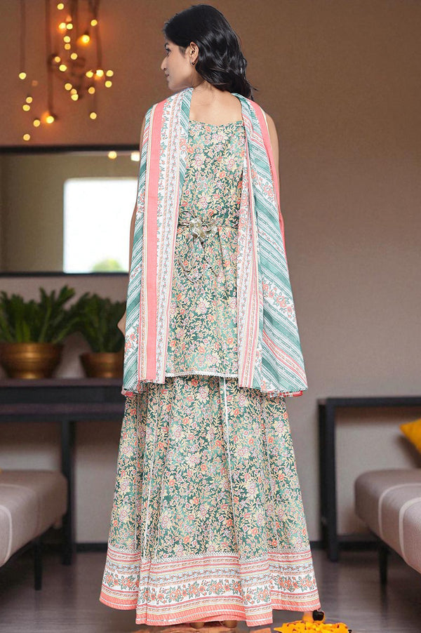 Pine Green Floral Printed Lace Pure Cotton Kurta, Skirt and Stole Set